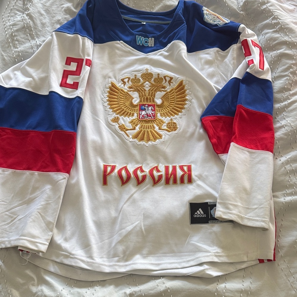 adidas White Blue Red Russia Hockey Jersey with Gold Crest
